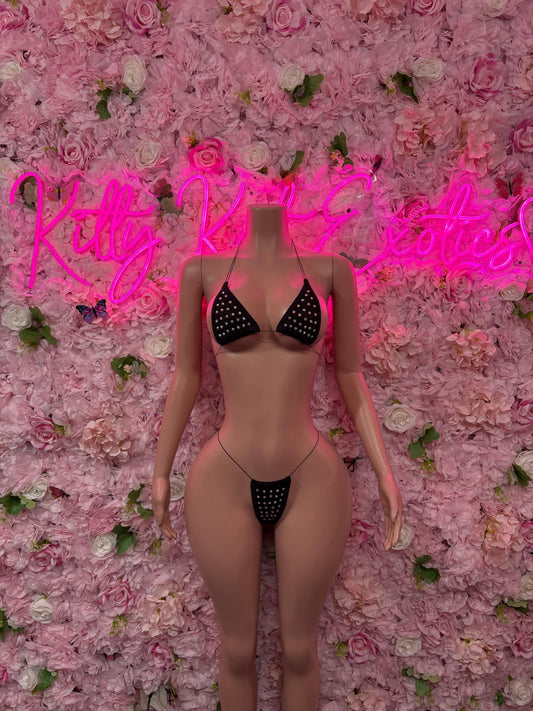 Exotic Dancewear  Two-Piece Black Rhinestone Gstring  Bikini  Cute Swimsuit Set for Beach, Pool, or Vacation | Exotic Dancewear