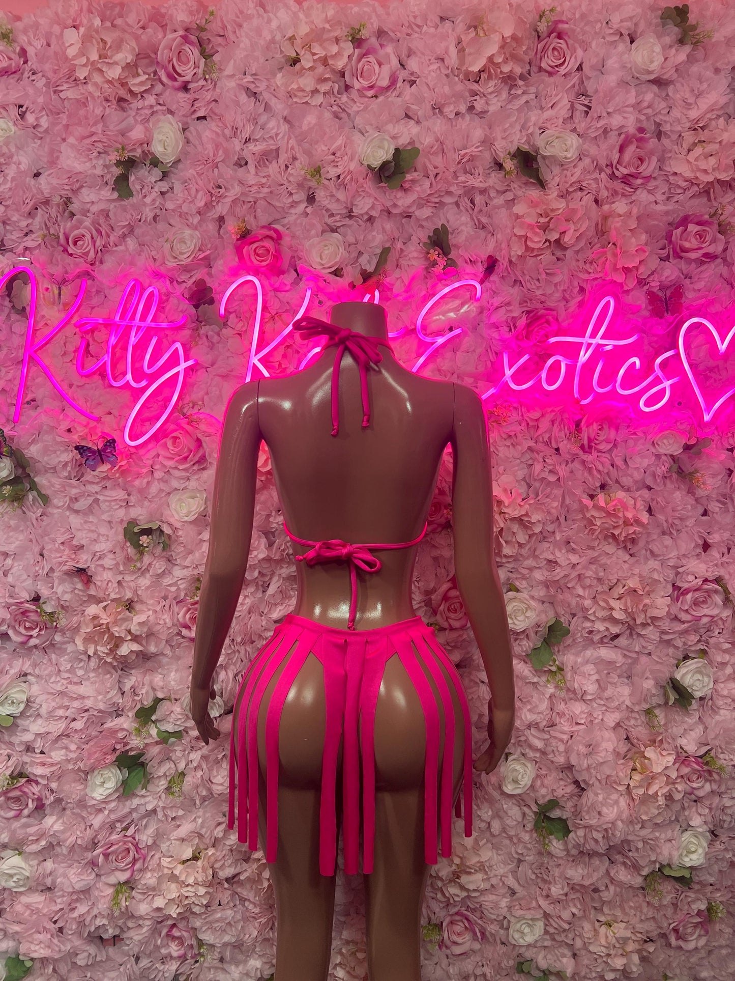 Rave Outfit Two-Piece Pink Fringe Exotic Dancewear Costume  Sexy Festival Outfit, Rave Performance Set, Stripper & Go-Go Dancer Wear