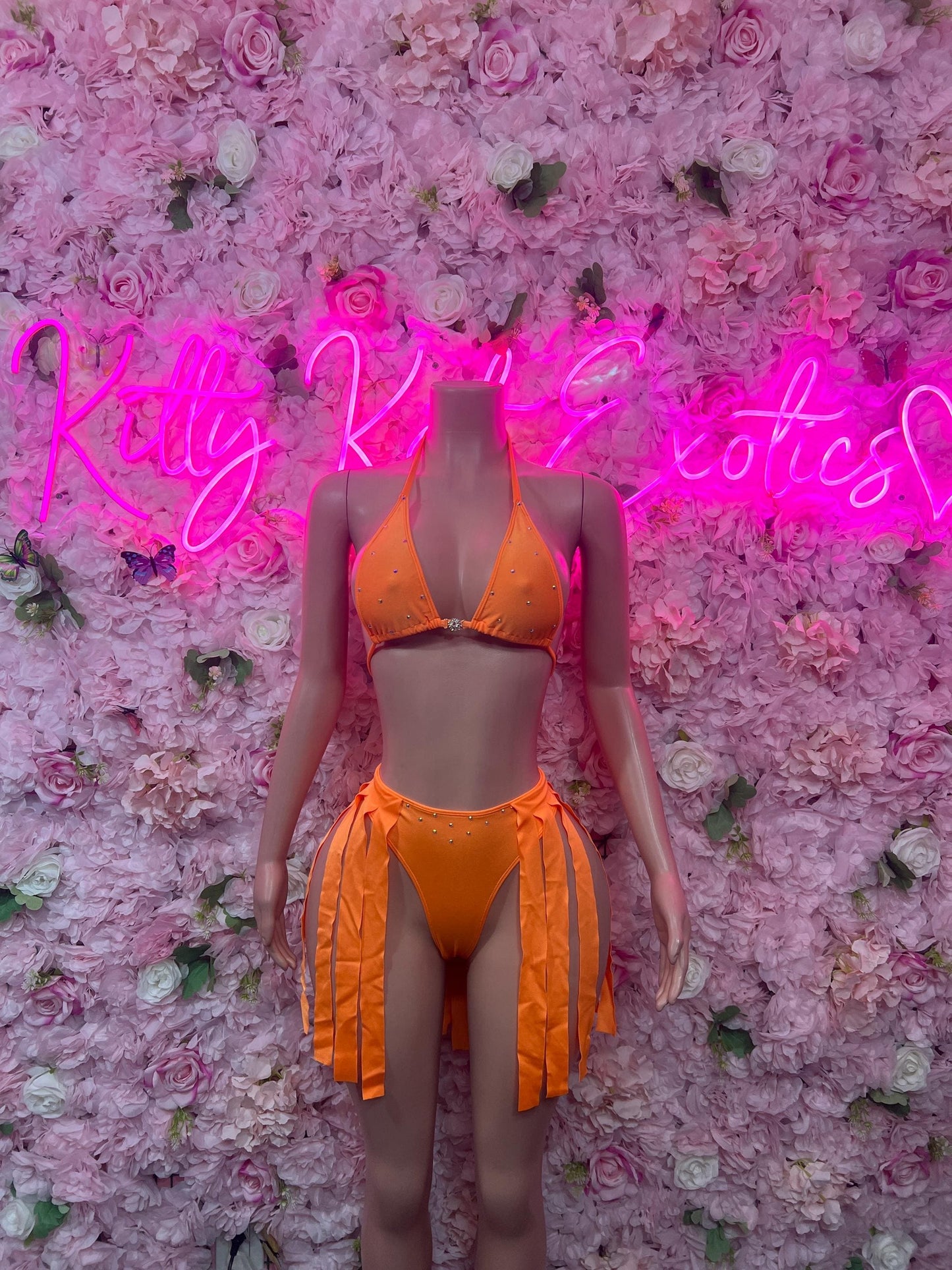 Exotic Dancewear Two-Piece Orange Fringe Exotic Dancewear Costume  Sexy Festival Outfit, Rave Performance Set, Stripper & Go-Go Dancer Wear