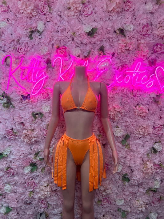 Exotic Dancewear Two-Piece Orange Fringe Exotic Dancewear Costume  Sexy Festival Outfit, Rave Performance Set, Stripper & Go-Go Dancer Wear