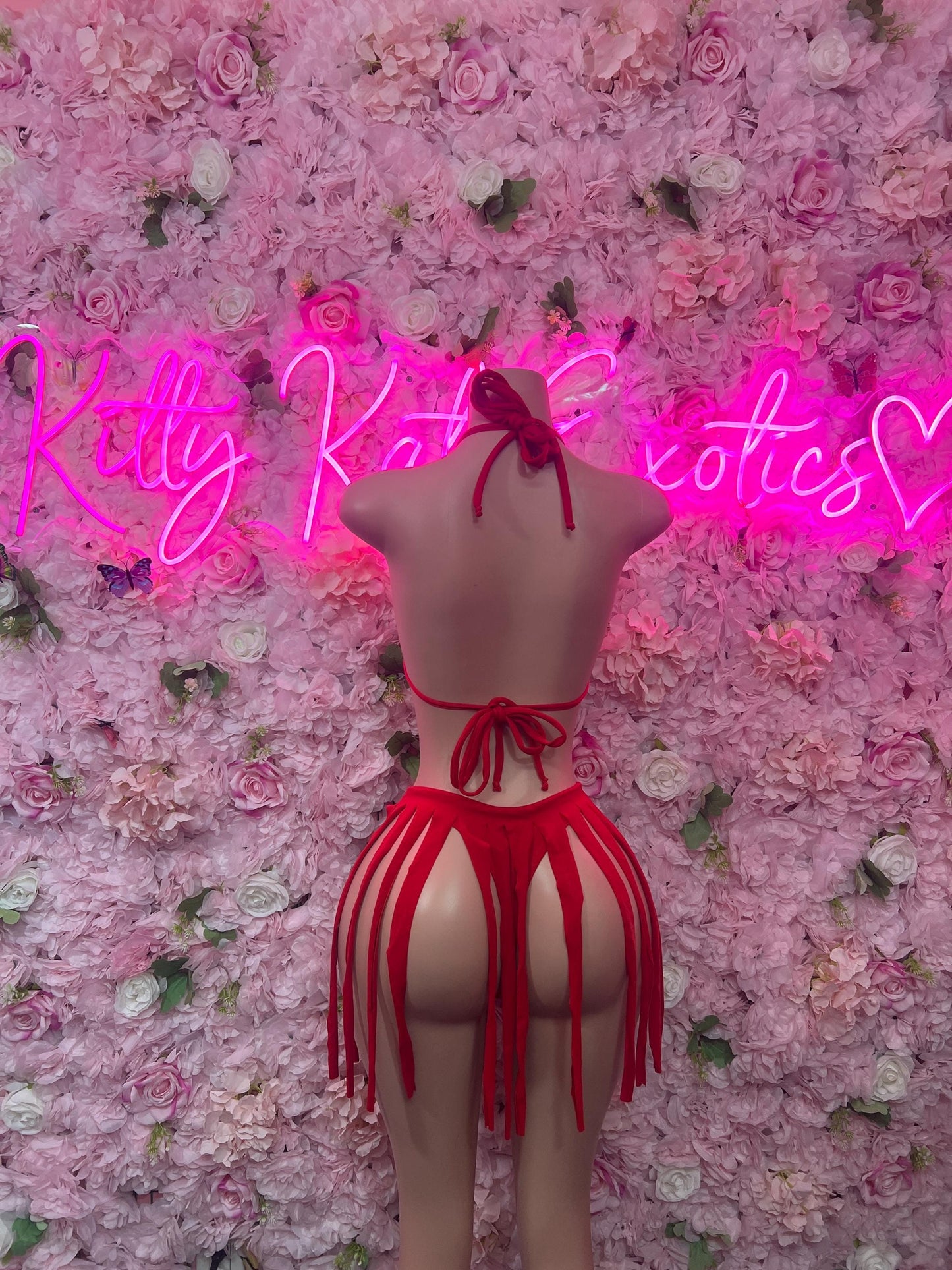 Exotic Dancewear Two-Piece Red Fringe Exotic Dancewear Costume  Sexy Festival Outfit, Rave Performance Set, Stripper & Go-Go Dancer Wear