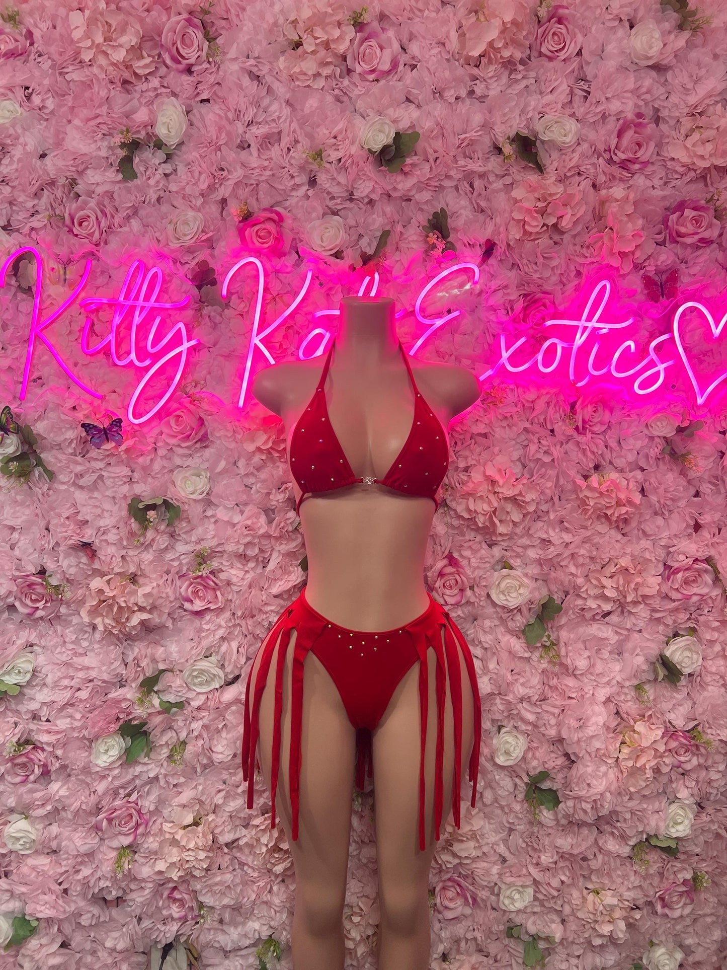 Exotic Dancewear Two-Piece Red Fringe Exotic Dancewear Costume  Sexy Festival Outfit, Rave Performance Set, Stripper & Go-Go Dancer Wear