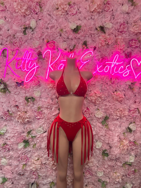 Exotic Dancewear Two-Piece Red Fringe Exotic Dancewear Costume  Sexy Festival Outfit, Rave Performance Set, Stripper & Go-Go Dancer Wear