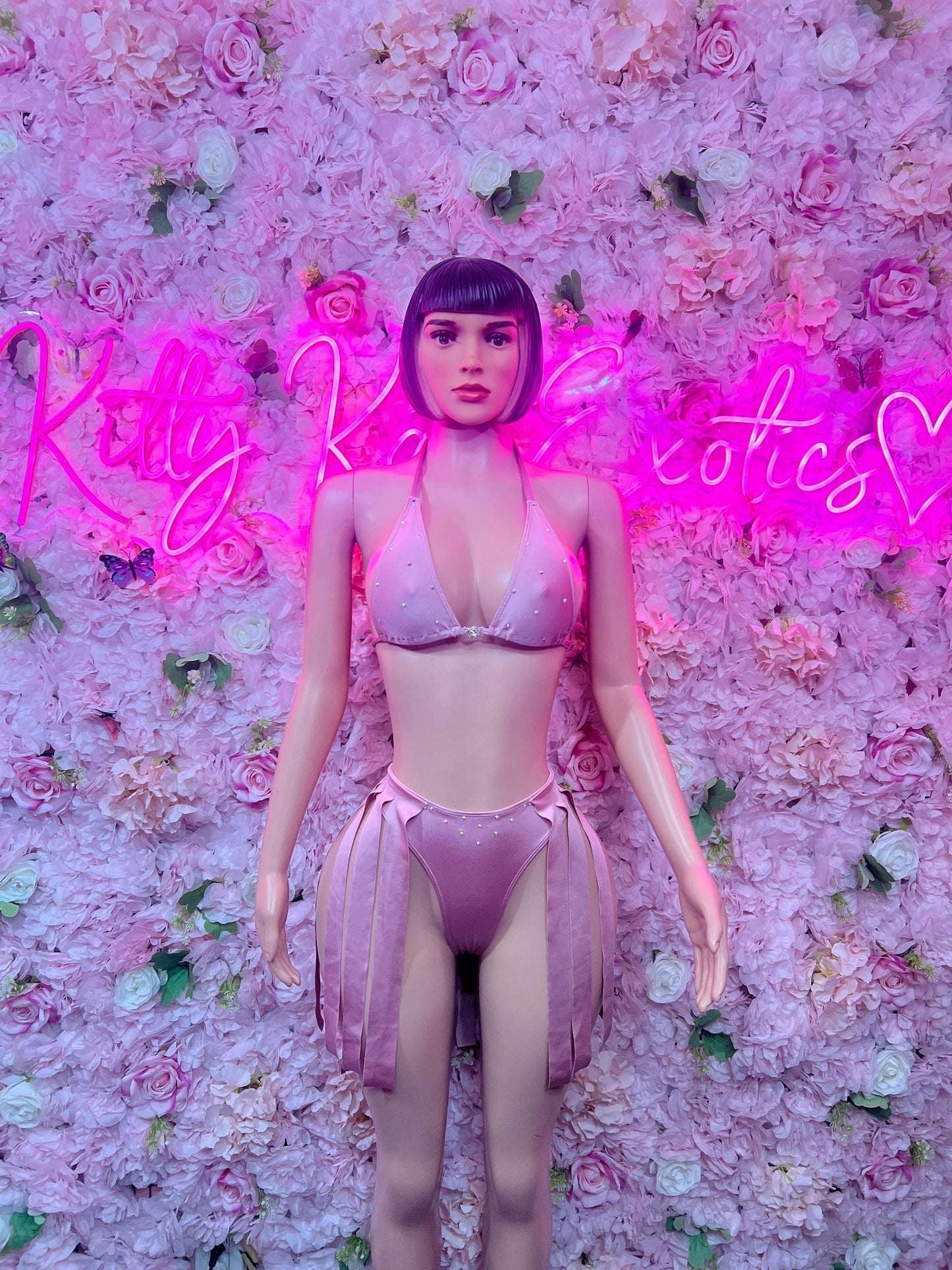 Exotic Dancewear Two-Piece Pink Fringe Exotic Dancewear Costume  Sexy Festival Outfit, Rave Performance Set, Stripper & Go-Go Dancer Wear