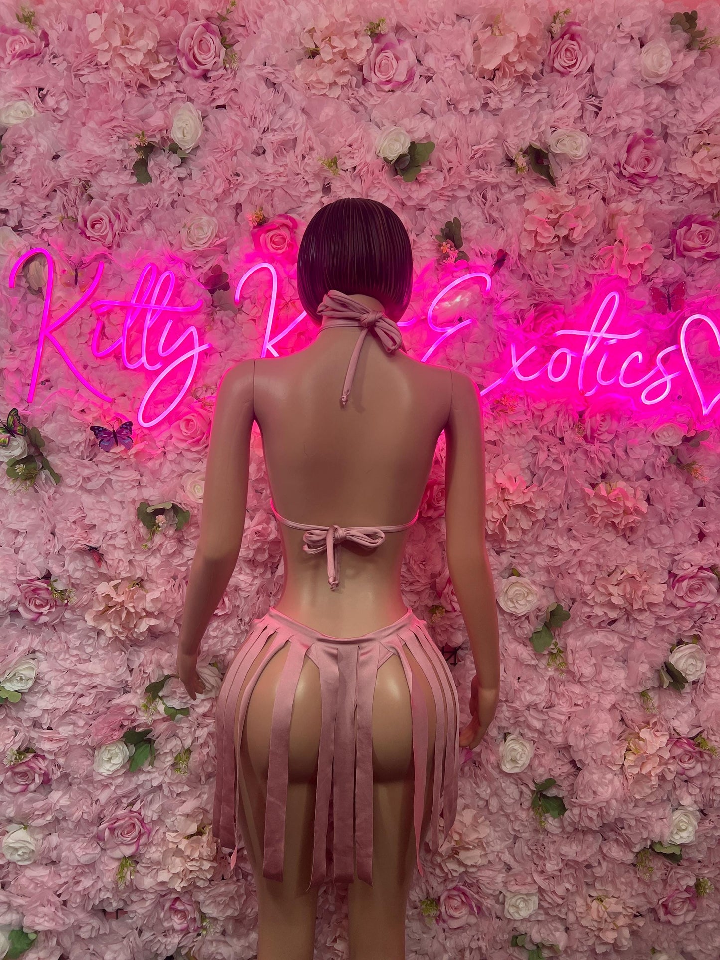 Exotic Dancewear Two-Piece Pink Fringe Exotic Dancewear Costume  Sexy Festival Outfit, Rave Performance Set, Stripper & Go-Go Dancer Wear