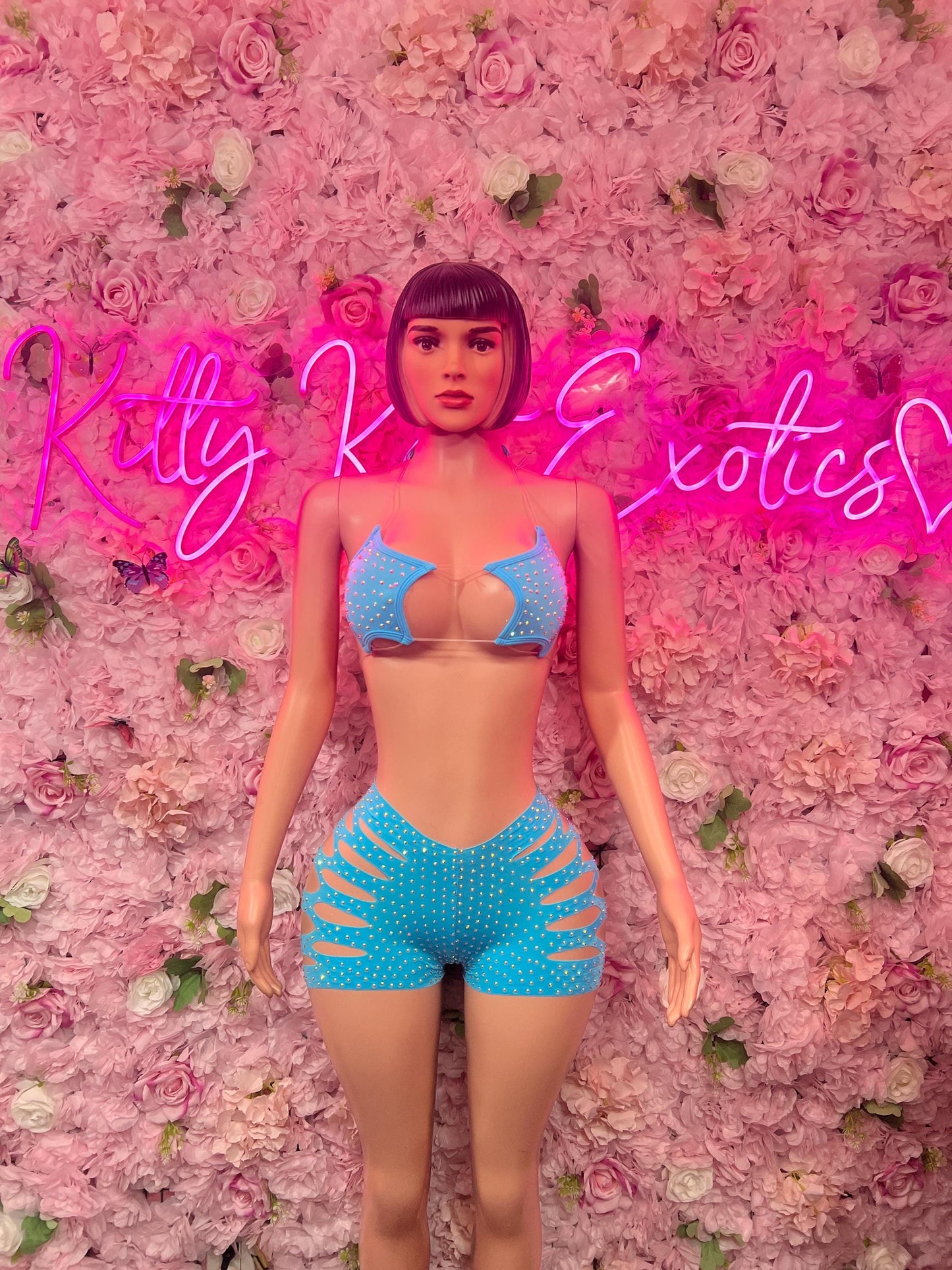 Exotic Dancewear Two-Piece Pink Rhinestone Exotic Dancewear Costume  Sparkly Stripper Outfit, Go-Go Dancer Set, Festival & Rave Wear