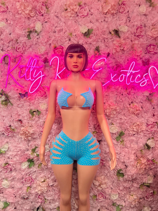 Exotic Dancewear Two-Piece Pink Rhinestone Exotic Dancewear Costume  Sparkly Stripper Outfit, Go-Go Dancer Set, Festival & Rave Wear