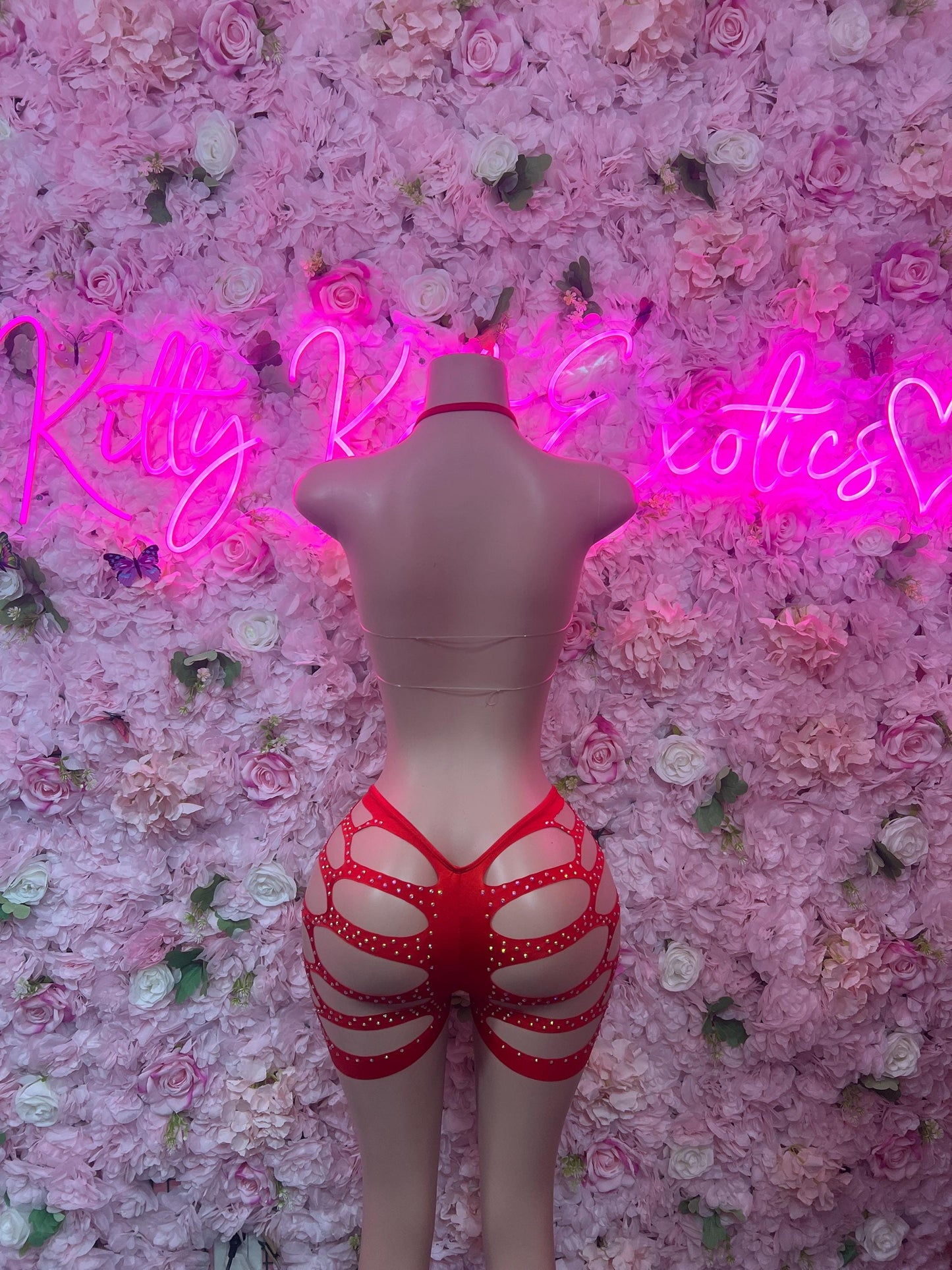 Wall Art Two-Piece Red Rhinestone Exotic Dancewear Costume  Sparkly Stripper Outfit, Go-Go Dancer Set, Festival & Rave Wear