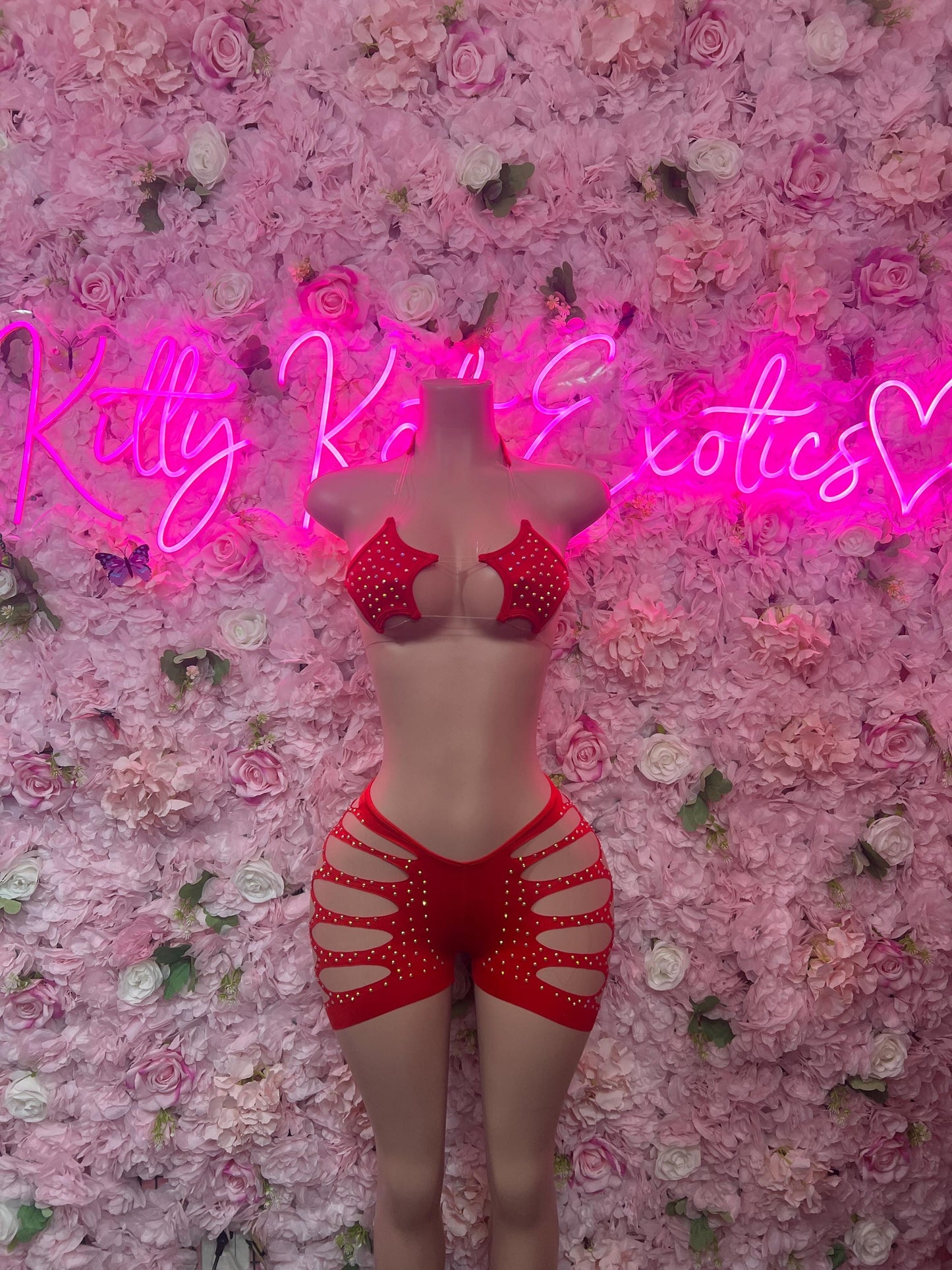 Wall Art Two-Piece Red Rhinestone Exotic Dancewear Costume  Sparkly Stripper Outfit, Go-Go Dancer Set, Festival & Rave Wear