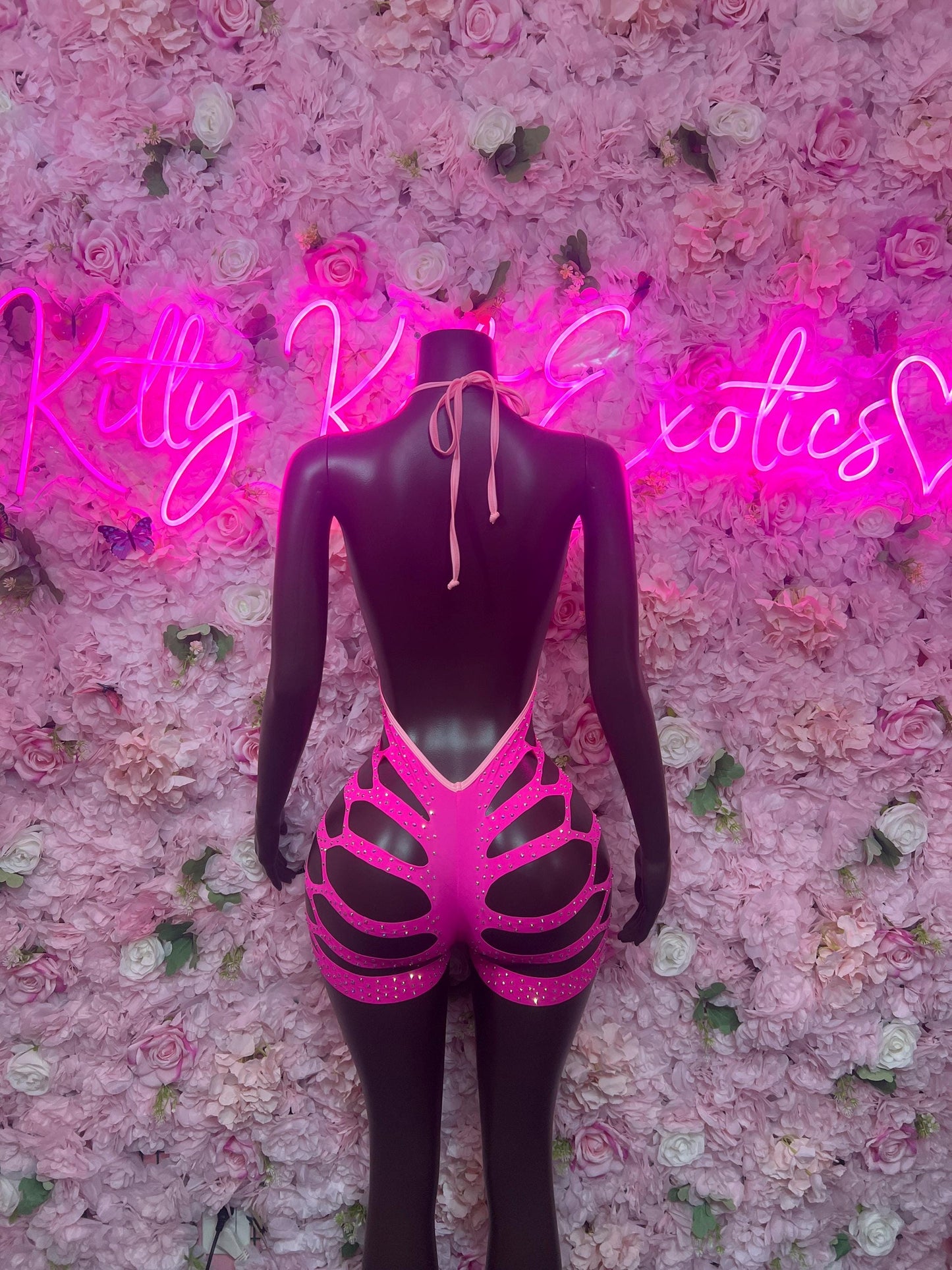 Rave Outfit Two-Piece Pink Rhinestone Exotic Dancewear Costume  Sparkly Stripper Outfit, Go-Go Dancer Set, Festival & Rave Wear