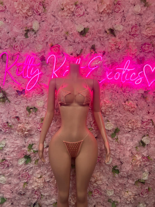 Rave Outfit Two-Piece Pink Rhinestone  Bikini Exotic Dancewear Costume  Sparkly Stripper Outfit, Go-Go Dancer Set, Festival & Rave Wear