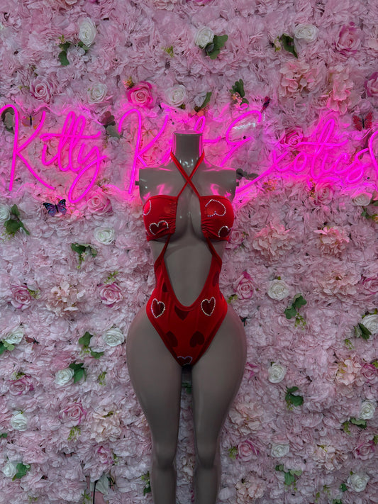 Valentines Day One-Piece Red Bodysuit Set - Sexy Hearts - Romantic Outfit for Date Night - Cute Gift for Her