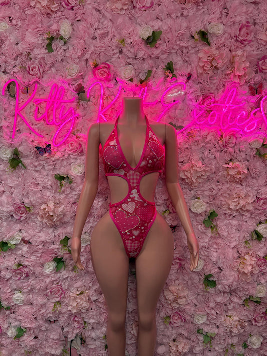 Cute Valentines Day Exotic Dancewear One-Piece Bodysuit  - Sexy Hearts Romantic Outfit for Date Night - Cute Gift for Her