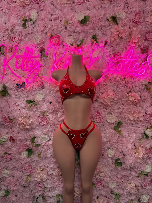 Valentines Day Exotic Dancewear Two-Piece Bodysuit  - Sexy Hearts Romantic Outfit for Date Night - Cute Gift for Her