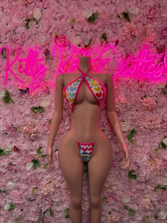 Sexy Valentines Day One-Piece Slingshot Multicolor  - Sexy Hearts Romantic Outfit for Date Night - Cute Gift for Her