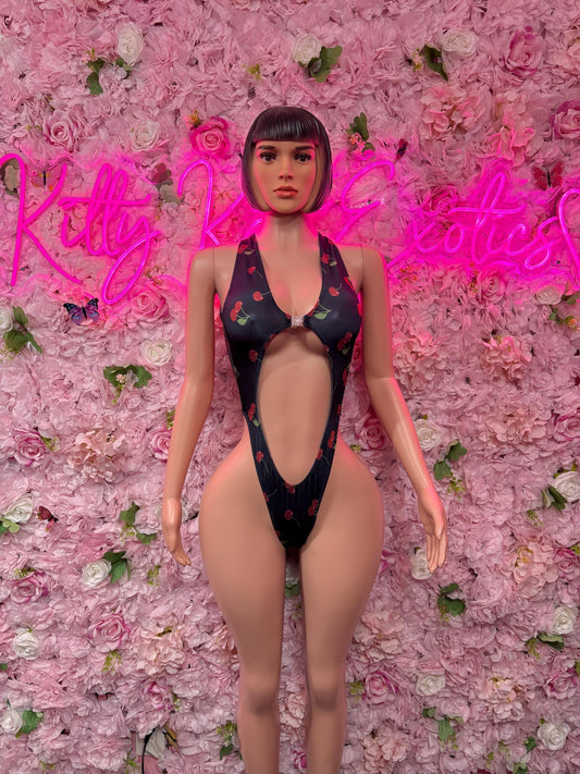 Rave Outfit One-Piece Cherries Bodysuit  Stunning Metallic Outfit for Parties, Night Out, or Special Occasions |