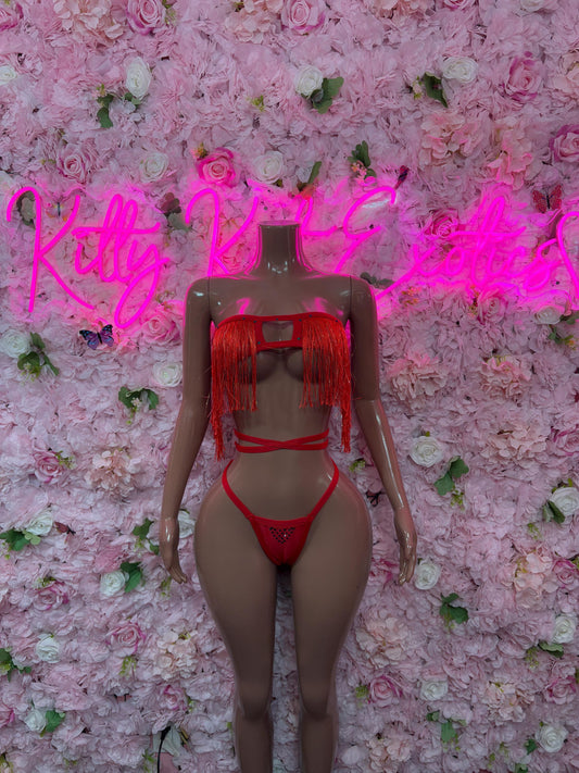 Rave Outfit Two Piece Red Fringe Dancewear Ravewear Exoticwear