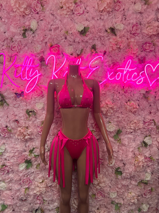 Rave Outfit Two-Piece Pink Fringe Exotic Dancewear Costume  Sexy Festival Outfit, Rave Performance Set, Stripper & Go-Go Dancer Wear