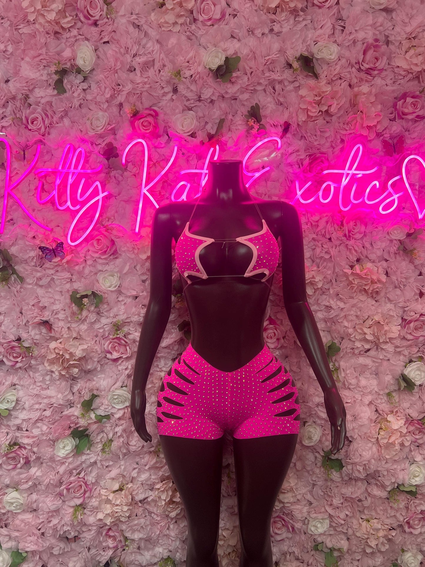 Exotic Dancewear Two-Piece Pink Rhinestone Exotic Dancewear Costume  Sparkly Stripper Outfit, Go-Go Dancer Set, Festival & Rave Wear