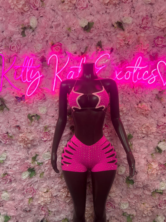 Exotic Dancewear Two-Piece Pink Rhinestone Exotic Dancewear Costume  Sparkly Stripper Outfit, Go-Go Dancer Set, Festival & Rave Wear