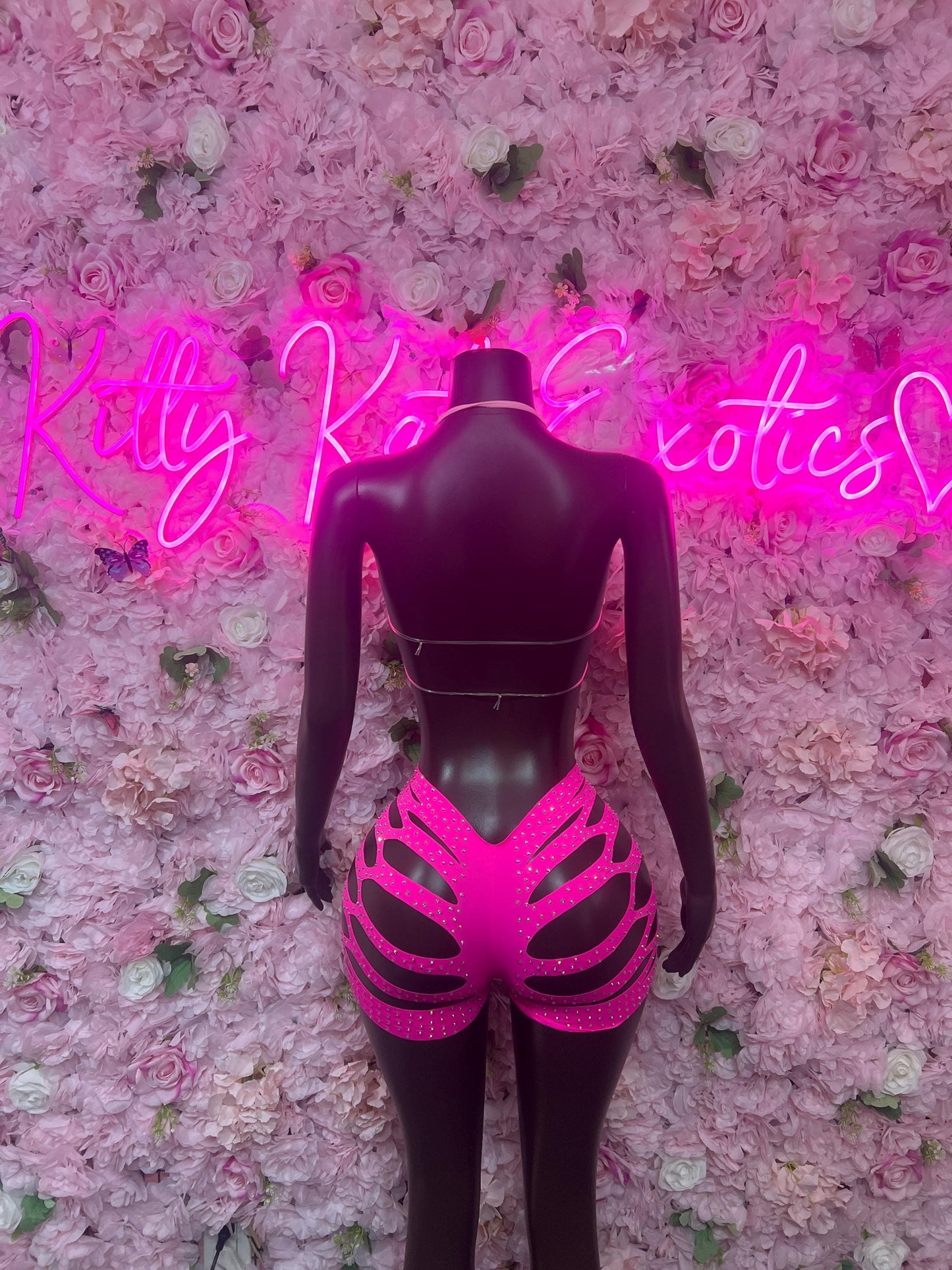 Exotic Dancewear Two-Piece Pink Rhinestone Exotic Dancewear Costume  Sparkly Stripper Outfit, Go-Go Dancer Set, Festival & Rave Wear