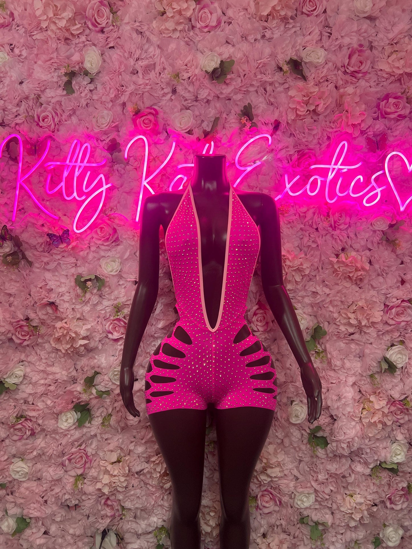 Rave Outfit Two-Piece Pink Rhinestone Exotic Dancewear Costume  Sparkly Stripper Outfit, Go-Go Dancer Set, Festival & Rave Wear