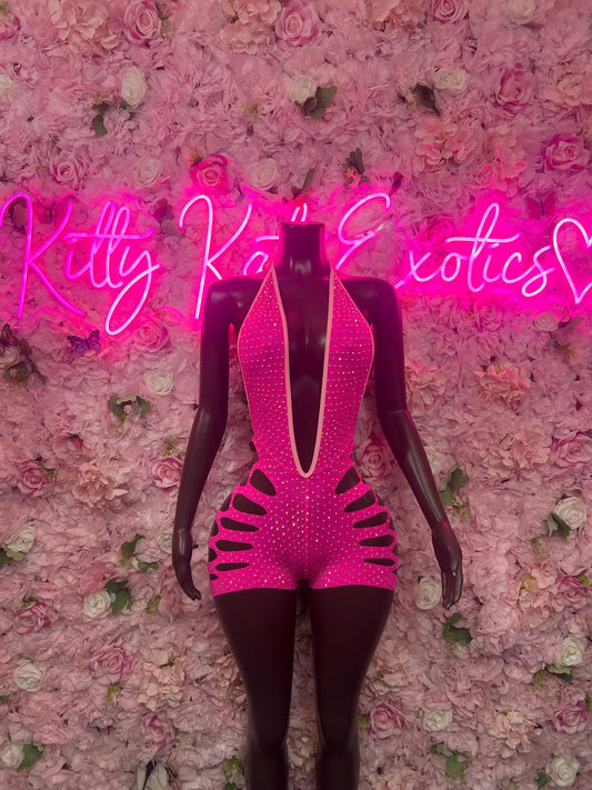 Rave Outfit Two-Piece Pink Rhinestone Exotic Dancewear Costume  Sparkly Stripper Outfit, Go-Go Dancer Set, Festival & Rave Wear