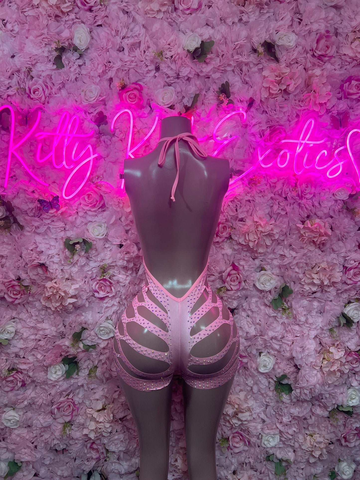 Exotic Dancewear Two-Piece Pink Rhinestone Exotic Dancewear Costume  Sparkly Stripper Outfit, Go-Go Dancer Set, Festival & Rave Wear