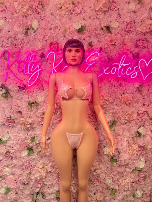 Exotic Dancewear Two-Piece Pink Rhinestone  Bikini Exotic Dancewear Costume  Sparkly Stripper Outfit, Go-Go Dancer Set, Festival