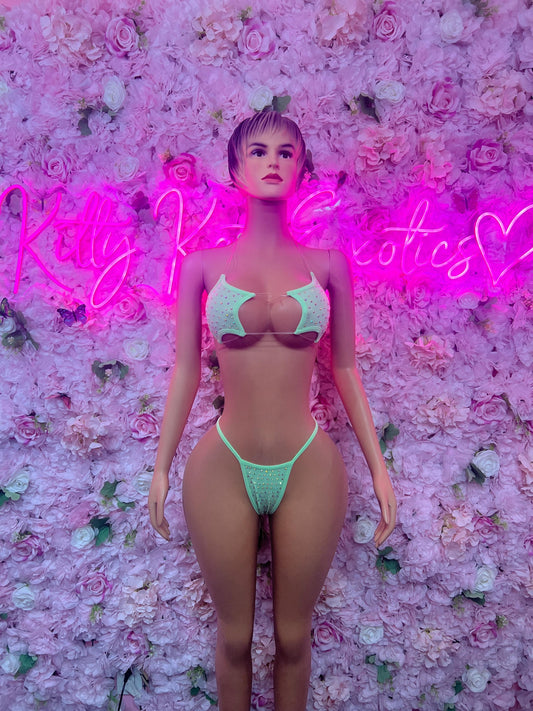 Exotic Dancewear Two-Piece Green Rhinestone  Bikini Exotic Dancewear Costume  Sparkly Stripper Outfit, Go-Go Dancer Set, Festival