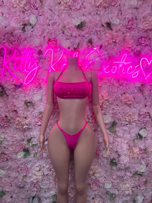 Summer Bikini Set Pink Crop Top | Festival Outfit | Sexy Dancewear | Exotic Clubwear | Bottle Girl Outfit