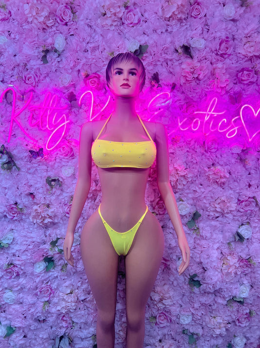 Rave Outfit Bikini Set Yellow Crop Top | Festival Outfit | Sexy Dancewear | Exotic Clubwear | Bottle Girl Outfit
