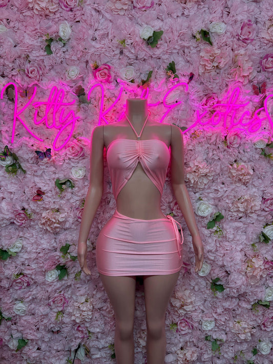 Pink mini dance dress with cutout waist and front bow detail