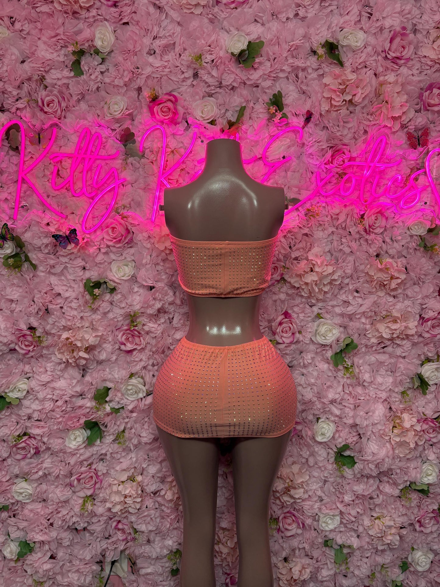 Exotic Dancewear Peach Rhinestone -  Skirt Set, Bartender Sexy for Performers, Events, or Special Occasions