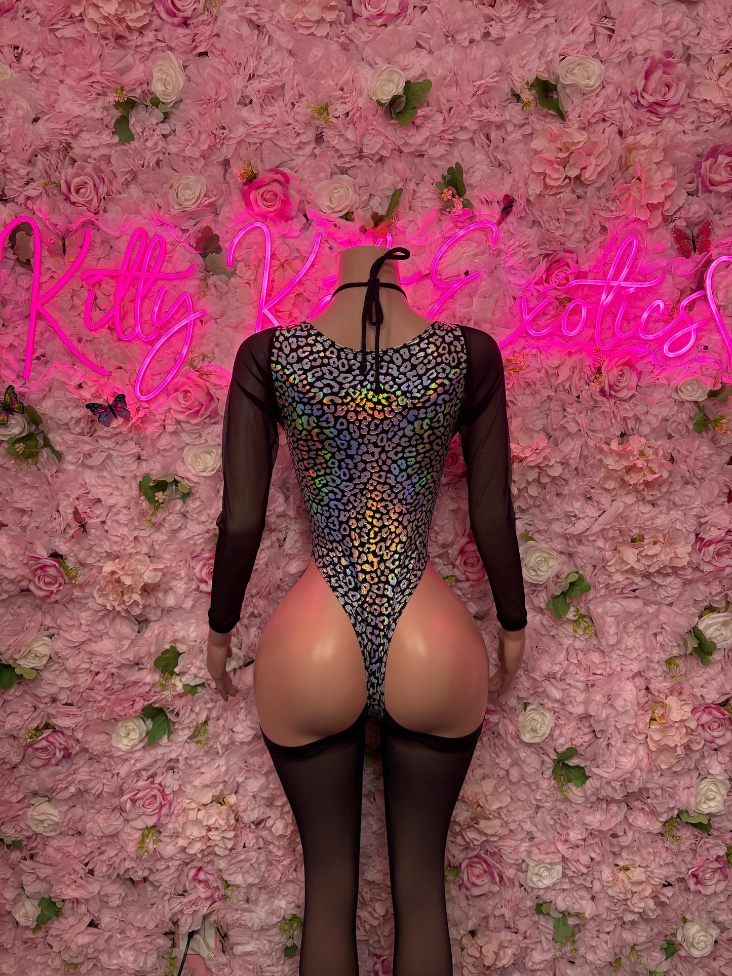 Bottle Girl One-Piece Bodysuit - Black  Metallic Cheetah Design | Exotic Dancewear for Performers, Raves, & Festival Clothing