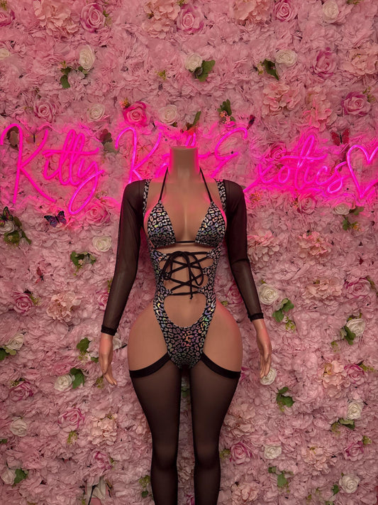 Bottle Girl One-Piece Bodysuit - Black  Metallic Cheetah Design | Exotic Dancewear for Performers, Raves, & Festival Clothing