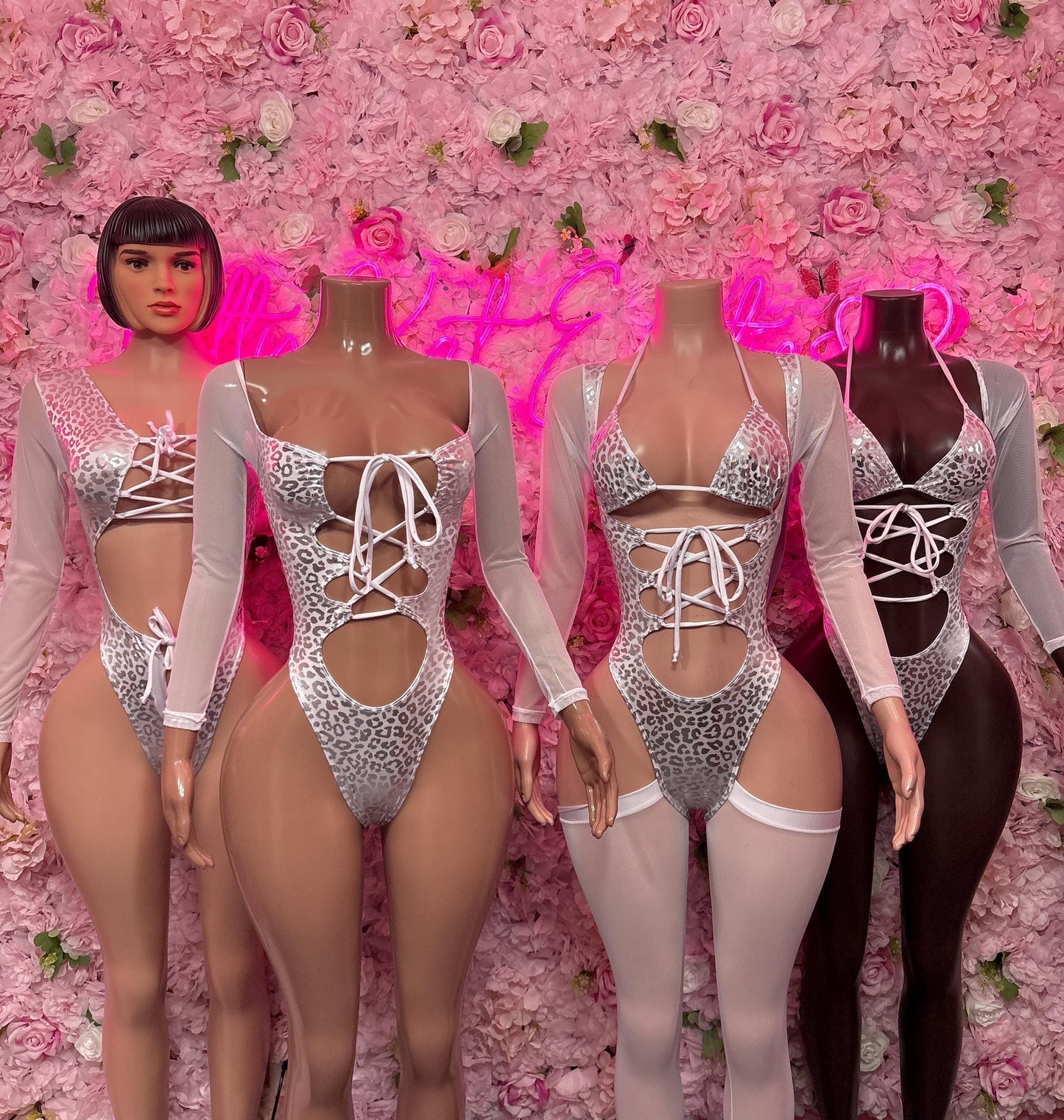 Bottle Girl One-Piece Bodysuit - White  Metallic Cheetah Design | Exotic Dancewear for Performers, Raves, & Festival Clothing