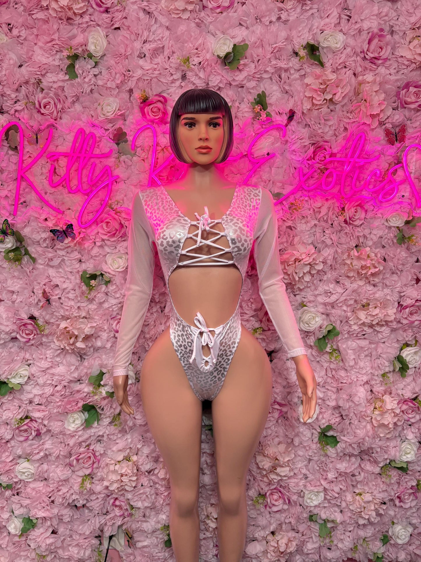 Bottle Girl One-Piece Bodysuit - White  Metallic Cheetah Design | Exotic Dancewear for Performers, Raves, & Festival Clothing