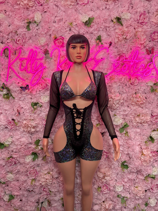Bartender Uniform One-Piece Bodysuit - Black  Metallic Hologram Design | Exotic Dancewear for Performers, Raves, & Festival Clothing