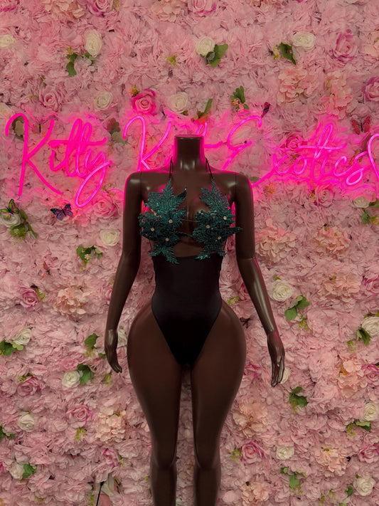 Exotic Dancewear One Piece Green Lace Feather Bodysuit -  Exotic Dancewear, Bartender Sexy for Performers, Event