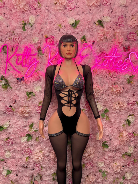 Bottlegirl Bartender Outfit One Piece Black Metallic Bodysuit -  Exotic Dancewear, Bartender