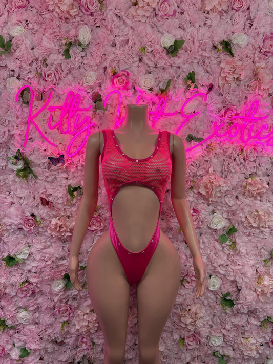 Pink fishnet bodysuit with racerback straps and front cutout