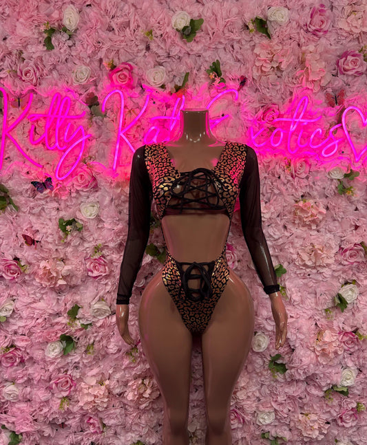 Bottlegirl Outfit One-Piece Bodysuit - Gold  Metallic Cheetah Design | Exotic Dancewear for Performers, Raves, & Festival Clothing
