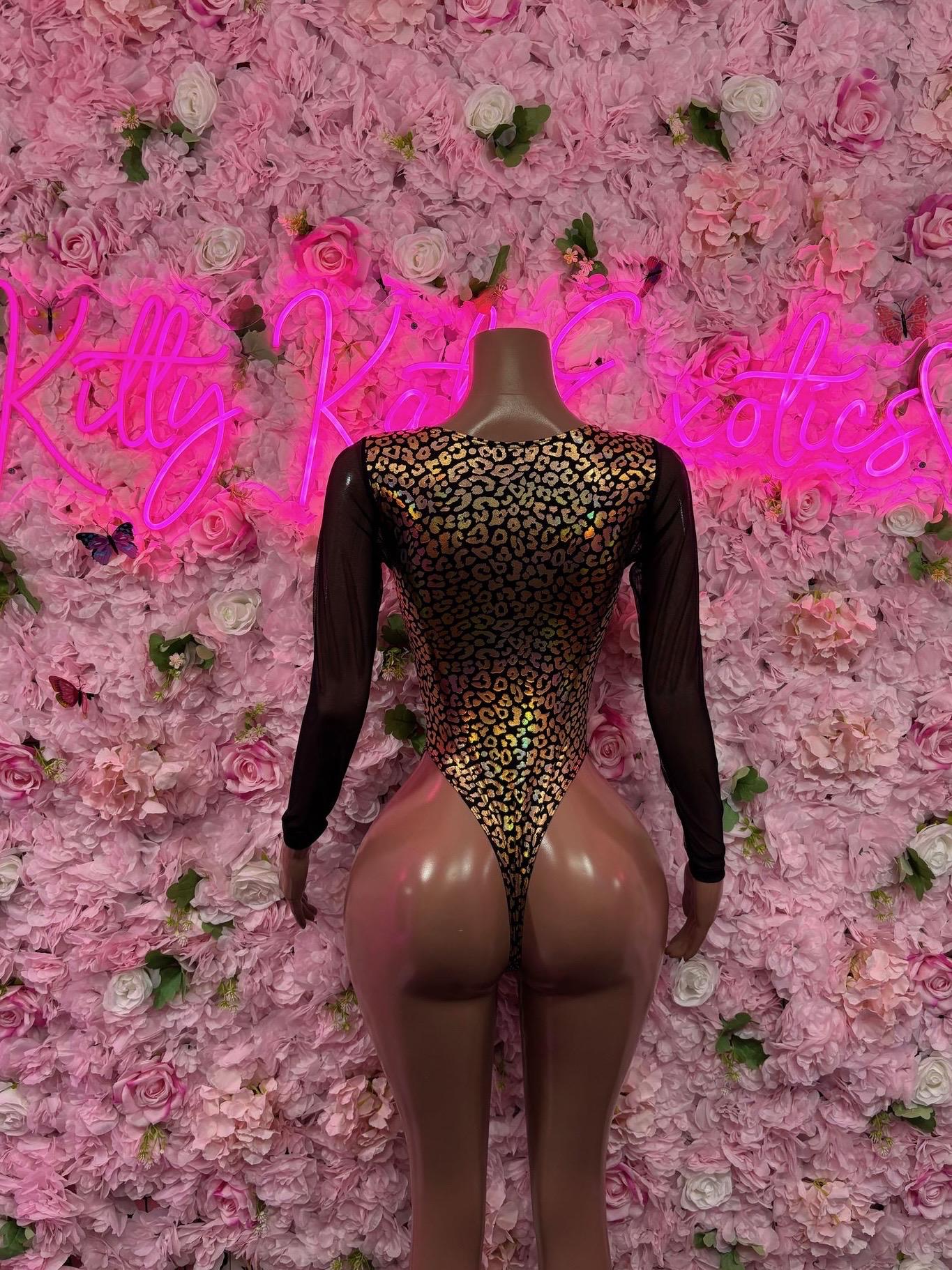 Bottlegirl Outfit One-Piece Bodysuit - Gold  Metallic Cheetah Design | Exotic Dancewear for Performers, Raves, & Festival Clothing