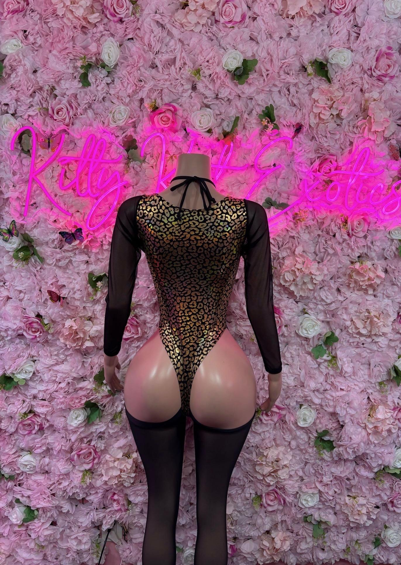 Exotic Dancewear One-Piece Bodysuit - Gold  Metallic Cheetah Design | Exotic Dancewear for Performers, Raves, & Festival Clothing