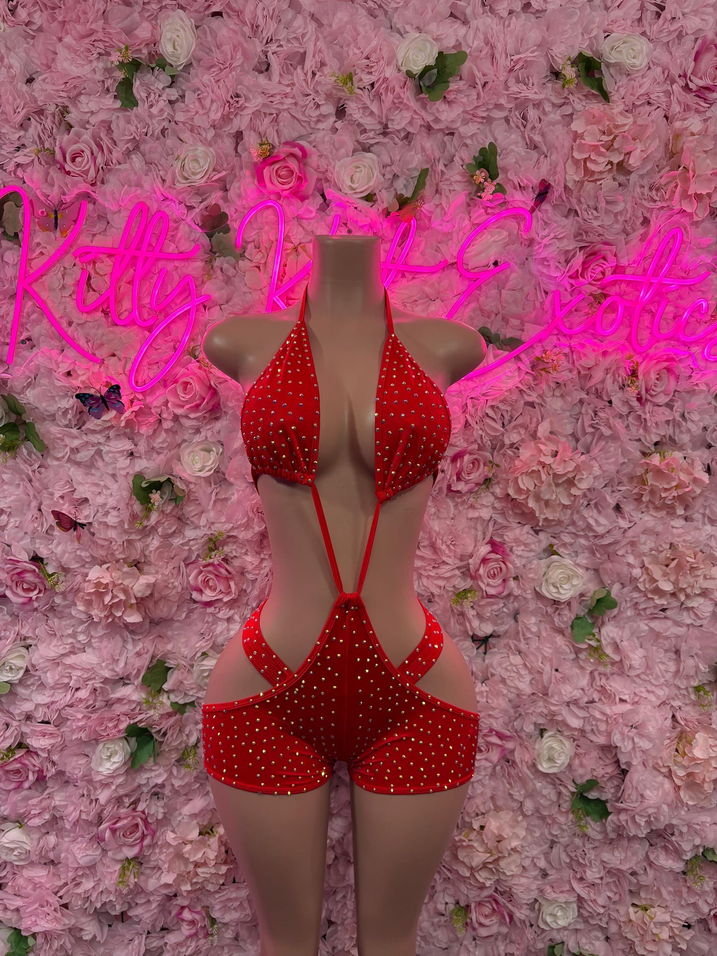 Exotic Dancewear One-Piece Red Rhinestone Bodysuit    Bartender  | Exotic Dancewear Festival wear Rave Outfit