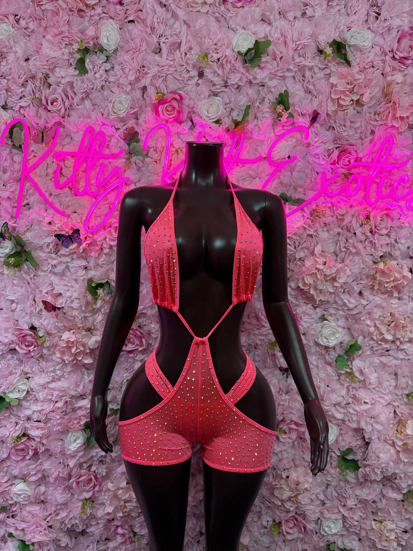 Exotic Dancewear One-Piece Coral Rhinestone Bodysuit    Bartender  | Exotic Dancewear Festival wear Rave Outfit