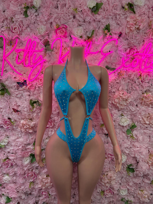 Rave Oufit One-Piece Blue Rhinestone Bodysuit    Bartender  | Exotic Dancewear Festival wear Rave Outfit