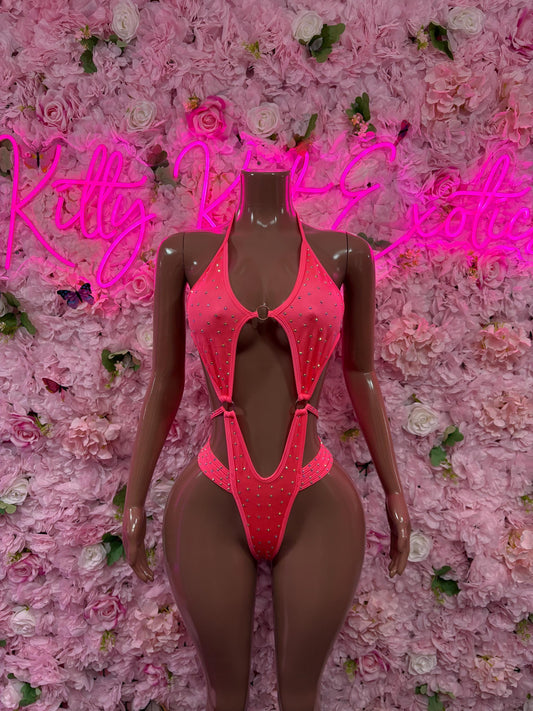 Rave Oufit One-Piece Coral Rhinestone Bodysuit    Bartender  | Exotic Dancewear Festival wear Rave Outfit