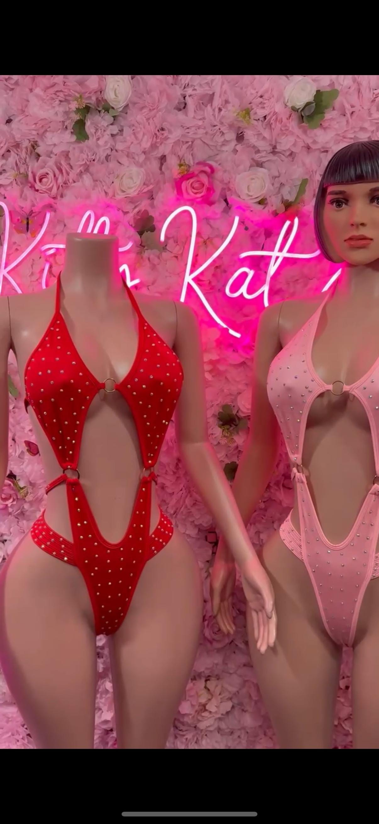 Exotic Dancewear One-Piece Pink Rhinestone Bodysuit    Bartender  | Exotic Dancewear Festival wear Rave Outfit